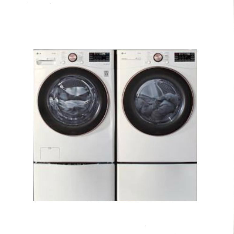 LG 4.5 Cu. Ft. Stackable SMART Front Load Washer in White & 7.4 Cu. Ft. Vented SMART Stackable Gas Dryer in White with Washer Pedestal (INV 1648,1904,1926)
