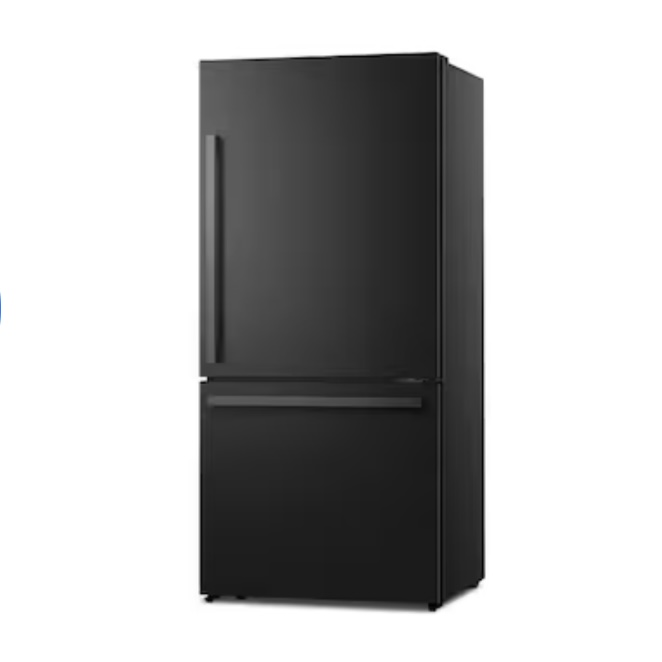 Hisense 17.2 cu.ft Counter Depth 32 in Wide Bottom Freezer Refrigerator Black Metallic Steel
